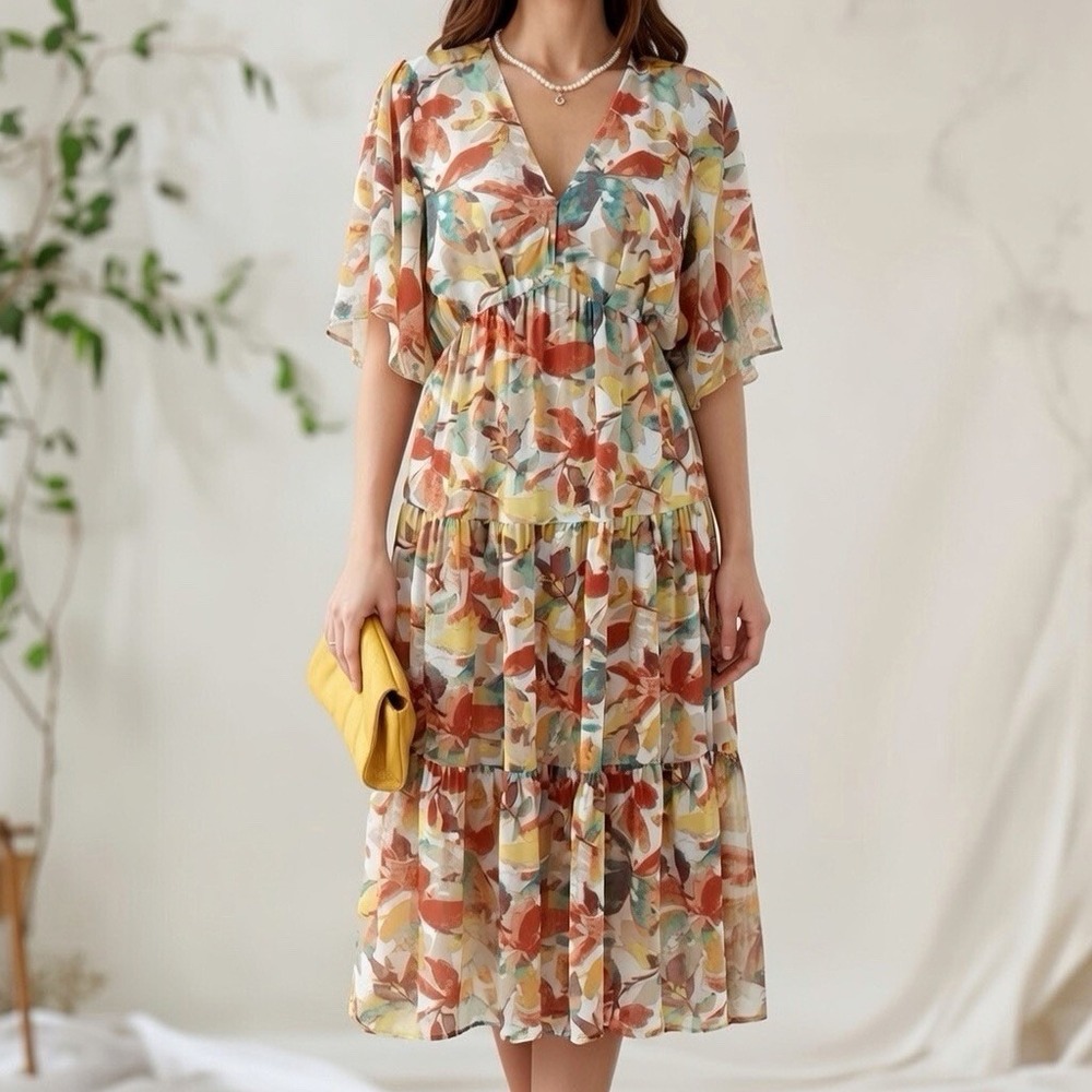 Entro Floral Midi Long Line Dress Size Small Tierred Forest Fairy Cottagecore